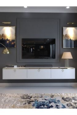 Festival Tv Sehpası DV-Q17-GPVC-1 Gold Beyaz Parlak Minifiks Bağlantı Duvara Monte Tv Ünitesi