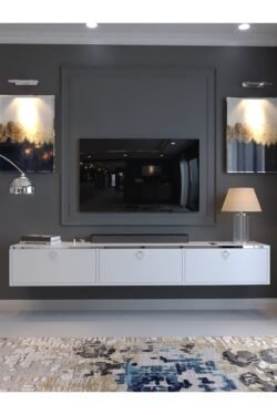 Festival Tv Sehpası DV-Q17-SPVC-1 Silver Beyaz Parlak Minifiks Bağlantı Duvara Monte Tv Ünitesi