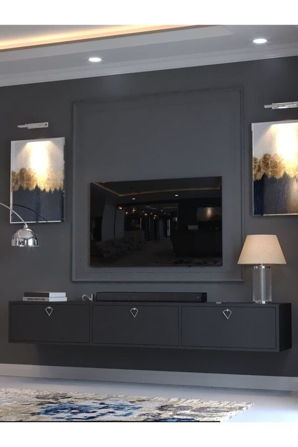 Festival Tv Sehpası DV-1001-P1-4 Silver Kulp Antrasit Minifiks Bağlantı Duvara Monte Tv Ünitesi
