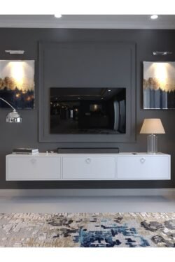 Festival Tv Sehpası DV-1001-P1-1 Silver Kulp Beyaz Parlak Minifiks Bağlantı Duvara Monte Tv Ünitesi