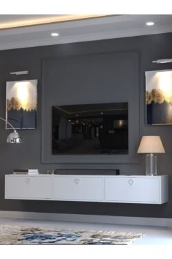 Festival Tv Sehpası DV-1001-P1-1 Silver Kulp Beyaz Parlak Minifiks Bağlantı Duvara Monte Tv Ünitesi