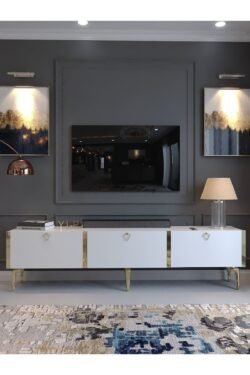 Festival Tv Sehpası G3817-1-Y1-P1 Beyaz Gold Metal Kulp