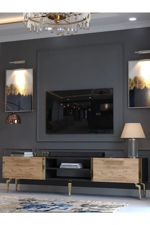 Festival Tv Sehpası G3830-4-6-Y1-D2 Ant. Çam Gold Metal Kulp