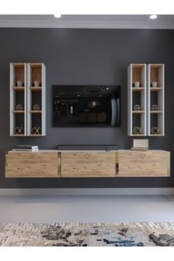 Festival Tv Ünitesi G13002-1-6 Beyaz Atlantik Çam Gold Duvara Monte tv sehpası