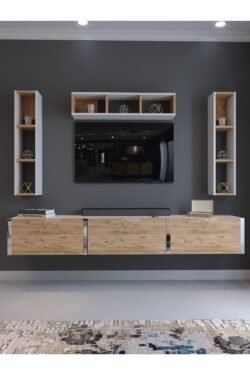 Festival Tv Ünitesi S13007-1-6 Beyaz Atlantik Çam Silver Duvara Monte tv sehpası