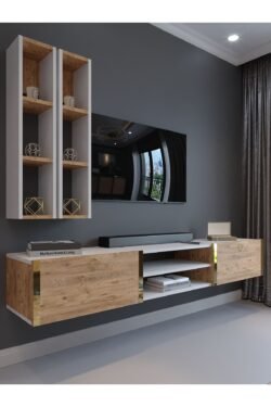 Festival Tv Ünitesi G13000-1-6 Beyaz Atlantik Çam Gold Duvara Monte tv sehpası