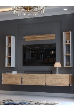 Festival Tv Ünitesi S13008-1-6 Beyaz Atlantik Çam Silver Duvara Monte tv sehpası