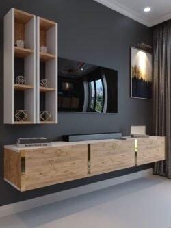 Festival Tv Ünitesi G13003-1-6 Beyaz Atlantik Çam Gold Duvara Monte tv sehpası