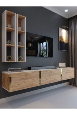 Festival Tv Ünitesi G13003-1-6 Beyaz Atlantik Çam Gold Duvara Monte tv sehpası
