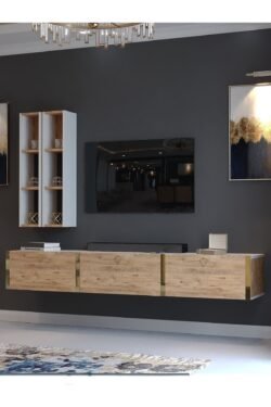 Festival Tv Ünitesi G13003-1-6 Beyaz Atlantik Çam Gold Duvara Monte tv sehpası