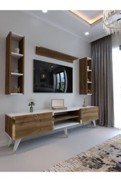 Festival Tv Ünitesi G3009-2-1 Ceviz Beyaz Color Gold Tv Sehpası ve Duvar Rafı