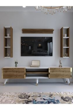 Festival Tv Ünitesi G3009-2-1 Ceviz Beyaz Color Gold Tv Sehpası ve Duvar Rafı