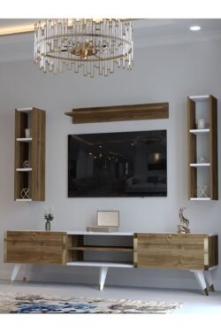 Festival Tv Ünitesi G3009-2-1 Ceviz Beyaz Color Gold Tv Sehpası ve Duvar Rafı