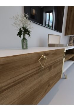 Festival Tv Ünitesi G3009-2-1 Ceviz Beyaz Color Gold Tv Sehpası ve Duvar Rafı
