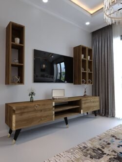 Festival Tv Ünitesi G3006-2 CEVİZ - COLOR Gold detaylı Minifiks Bağlantı Tv Sehpası ve Duvar Rafı