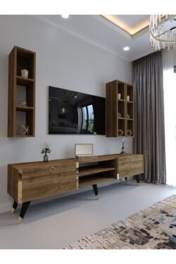 Festival Tv Ünitesi G3006-2 CEVİZ - COLOR Gold detaylı Minifiks Bağlantı Tv Sehpası ve Duvar Rafı