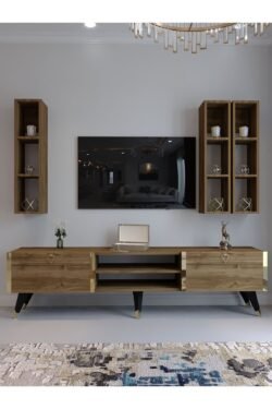 Festival Tv Ünitesi G3006-2 CEVİZ - COLOR Gold detaylı Minifiks Bağlantı Tv Sehpası ve Duvar Rafı