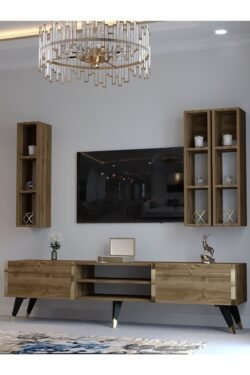 Festival Tv Ünitesi G3006-2 CEVİZ - COLOR Gold detaylı Minifiks Bağlantı Tv Sehpası ve Duvar Rafı