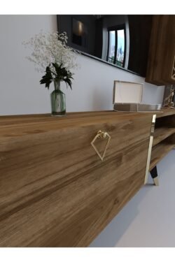 Festival Tv Ünitesi G3006-2 CEVİZ - COLOR Gold detaylı Minifiks Bağlantı Tv Sehpası ve Duvar Rafı
