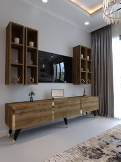 Festival Tv Ünitesi G3002-2 CEVİZ - COLOR Gold detaylı Minifiks Bağlantı Tv Sehpası ve Duvar Rafı