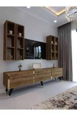 Festival Tv Ünitesi G3002-2 CEVİZ - COLOR Gold detaylı Minifiks Bağlantı Tv Sehpası ve Duvar Rafı