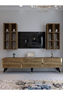 Festival Tv Ünitesi G3002-2 CEVİZ - COLOR Gold detaylı Minifiks Bağlantı Tv Sehpası ve Duvar Rafı