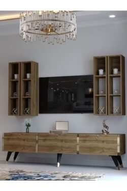 Festival Tv Ünitesi G3002-2 CEVİZ - COLOR Gold detaylı Minifiks Bağlantı Tv Sehpası ve Duvar Rafı