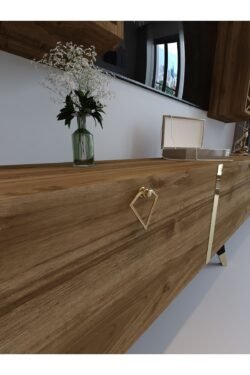 Festival Tv Ünitesi G3002-2 CEVİZ - COLOR Gold detaylı Minifiks Bağlantı Tv Sehpası ve Duvar Rafı