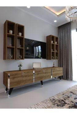 Festival Tv Ünitesi S3002-2 CEVİZ - COLOR Silver detaylı Minifiks Bağlantı Tv Sehpası ve Duvar Rafı
