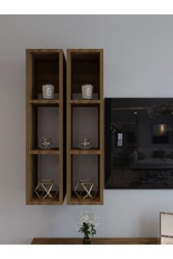 Festival Tv Ünitesi G3002-2 CEVİZ - COLOR Gold detaylı Minifiks Bağlantı Tv Sehpası ve Duvar Rafı