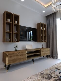 Festival Tv Ünitesi G3001-2 CEVİZ - COLOR Gold detaylı Minifiks Bağlantı Tv Sehpası ve Duvar Rafı