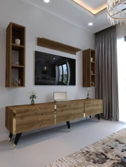 Festival Tv Ünitesi G3008-2 CEVİZ - COLOR Gold detaylı Minifiks Bağlantı Tv Sehpası ve Duvar Rafı