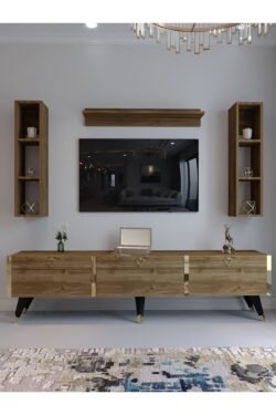Festival Tv Ünitesi G3008-2 CEVİZ - COLOR Gold detaylı Minifiks Bağlantı Tv Sehpası ve Duvar Rafı