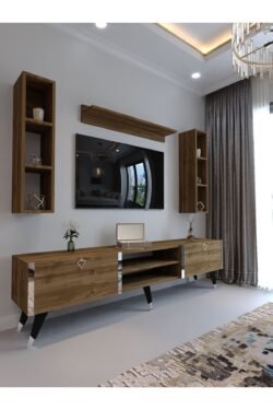 Festival Tv Ünitesi S3009-2 CEVİZ - COLOR Silver detaylı Minifiks Bağlantı Tv Sehpası ve Duvar Rafı