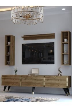 Festival Tv Ünitesi G3008-2 CEVİZ - COLOR Gold detaylı Minifiks Bağlantı Tv Sehpası ve Duvar Rafı