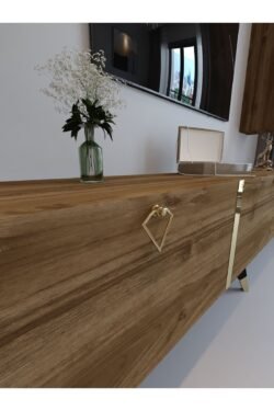 Festival Tv Ünitesi G3008-2 CEVİZ - COLOR Gold detaylı Minifiks Bağlantı Tv Sehpası ve Duvar Rafı