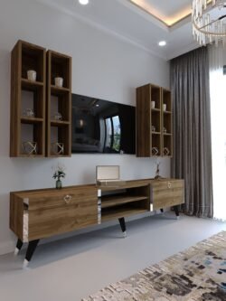 Festival Tv Ünitesi S3001-2 CEVİZ - COLOR Silver detaylı Minifiks Bağlantı Tv Sehpası ve Duvar Rafı