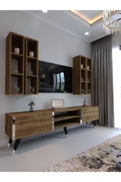 Festival Tv Ünitesi S3001-2 CEVİZ - COLOR Silver detaylı Minifiks Bağlantı Tv Sehpası ve Duvar Rafı