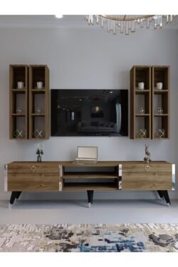 Festival Tv Ünitesi S3001-2 CEVİZ - COLOR Silver detaylı Minifiks Bağlantı Tv Sehpası ve Duvar Rafı