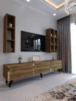 Festival Tv Ünitesi G3007-2 CEVİZ - COLOR Gold detaylı Minifiks Bağlantı Tv Sehpası ve Duvar Rafı
