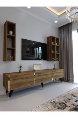 Festival Tv Ünitesi G3007-2 CEVİZ - COLOR Gold detaylı Minifiks Bağlantı Tv Sehpası ve Duvar Rafı