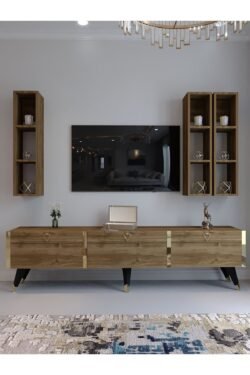 Festival Tv Ünitesi G3007-2 CEVİZ - COLOR Gold detaylı Minifiks Bağlantı Tv Sehpası ve Duvar Rafı