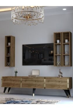 Festival Tv Ünitesi G3007-2 CEVİZ - COLOR Gold detaylı Minifiks Bağlantı Tv Sehpası ve Duvar Rafı