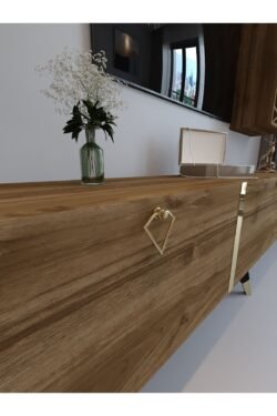 Festival Tv Ünitesi G3007-2 CEVİZ - COLOR Gold detaylı Minifiks Bağlantı Tv Sehpası ve Duvar Rafı