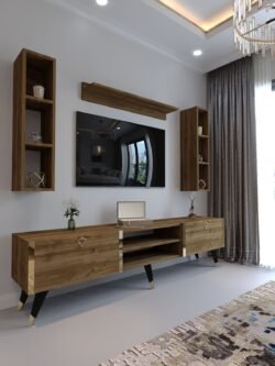Festival Tv Ünitesi G3009-2 CEVİZ - COLOR Gold detaylı Minifiks Bağlantı Tv Sehpası ve Duvar Rafı