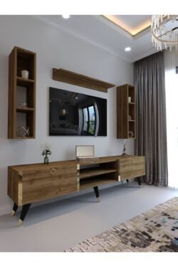 Festival Tv Ünitesi G3009-2 CEVİZ - COLOR Gold detaylı Minifiks Bağlantı Tv Sehpası ve Duvar Rafı