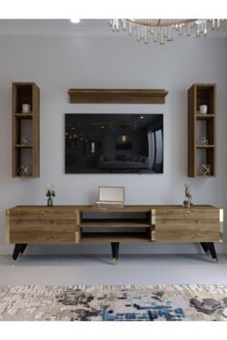 Festival Tv Ünitesi G3009-2 CEVİZ - COLOR Gold detaylı Minifiks Bağlantı Tv Sehpası ve Duvar Rafı