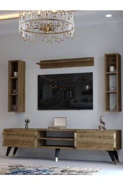 Festival Tv Ünitesi G3009-2 CEVİZ - COLOR Gold detaylı Minifiks Bağlantı Tv Sehpası ve Duvar Rafı