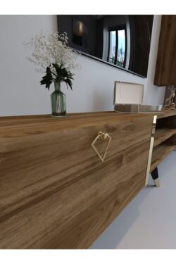 Festival Tv Ünitesi G3009-2 CEVİZ - COLOR Gold detaylı Minifiks Bağlantı Tv Sehpası ve Duvar Rafı