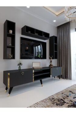 Festival Tv Ünitesi G3006-4 Antrasit - Gold detaylı Minifiks Bağlantı Tv Sehpası ve Duvar Rafı